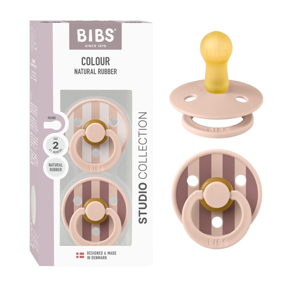 BIBS Pacifiers - Studio 2 Pack | Round Nipple Baby Pacifier | BPA Free Natural Rubber Latex Soother | Made in Denmark | Size 6+ Months | Block Blush