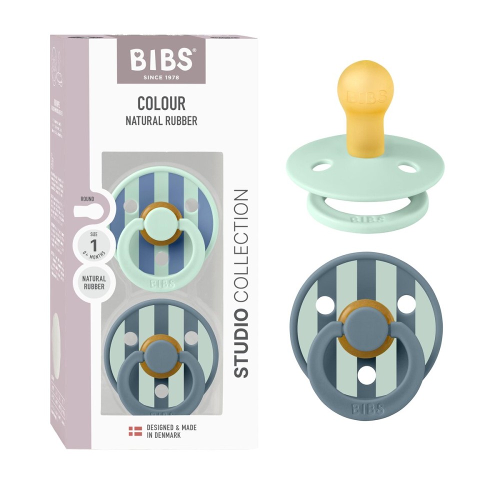 BIBS Pacifiers - Studio 2 Pack | Round Nipple Baby Pacifier | BPA Free Natural Rubber Latex Soother | Made in Denmark | Size 0+ Months | Block Nordic Mint Petrol