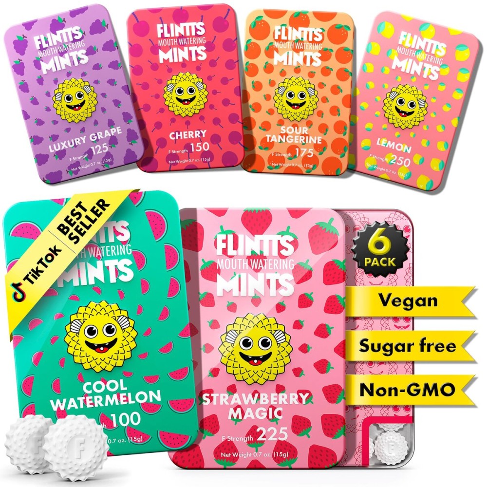 Flintts Mints Fruit Troop - Sugar Free Mouthwatering Mints for Dry Mouth Relief & Freshness - Vegan Oral Health Support with Sparkle Effect - Pocket Travel Saliva Substitute, Lozenges Alternative