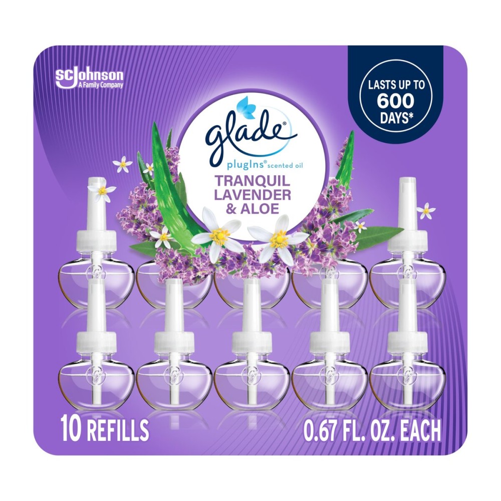 Glade PlugIns Refills Air Freshener, Tranquil Lavender & Aloe, Scented and Essential Oils for Home and Bathroom, 0.67 Fl Oz, 10 Count