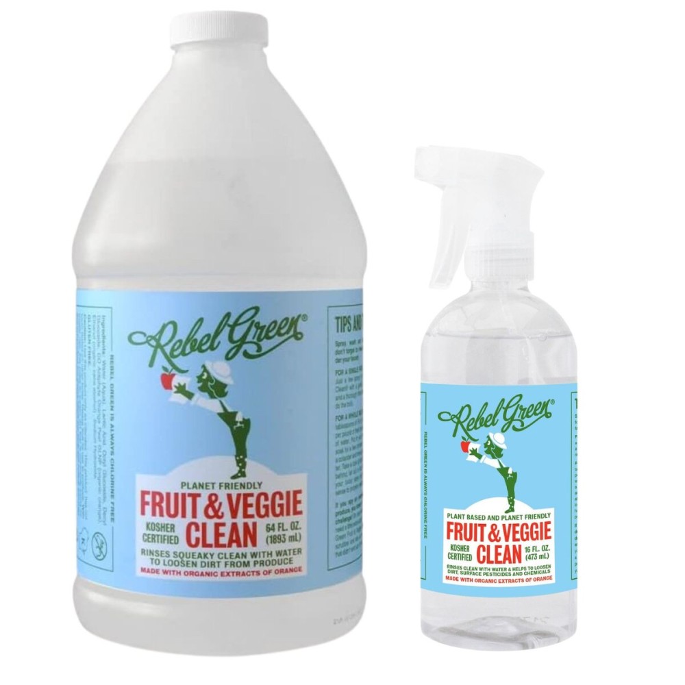 Rebel Green Fruit & Veggie Clean - Plant-Based Produce Cleaner - Natural Fruit & Vegetable Wash with No Aftertaste - Chemical & Wax Removal - 16 Fluid Ounces Bottle & 64 Fluid Ounces Bottle