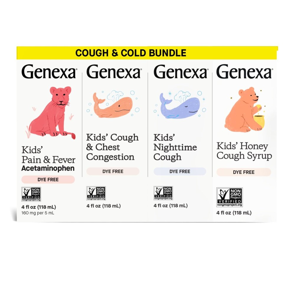Genexa Kids\' Clean Cough Medicine & Honey Cough Syrup, Pain & Fever Reducer Value 4-Pack, Dye Free, 0% Artificial Additives, Cough Care for Children, Fever & Pain Reliever, 16 fl oz (4 Bottles)