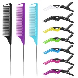 Kunihiko Rat Tail Comb Hair Clips Set: 3Pcs Rat Tail Combs, 7Pcs Alligator Clips (Black, Purple, Blue)