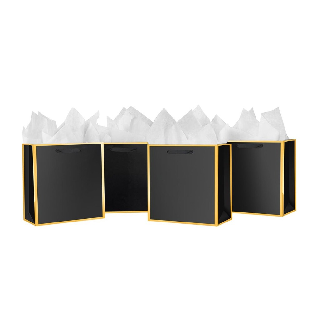 SHIPKEY 10 Pcs Black Gift Bags with Gold Frame and Tissue Paper, 8.7x3.9x7.1 Inches Luxury Kraft Paper Bags with Handles, Bulk Gift Bag for Men, Groomsmen, Party, Wedding (5 Senses, 22x10x18 cm)