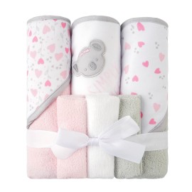 Viviland Baby Towels and Baby Wash Cloths Set Hooded Baby Towels Baby Wipes Absorbent Bath Face Towels Burp Cloths or Face Towels for Girl Boy 6-Pack Size 28 x 28 Inch(Pink Koala)