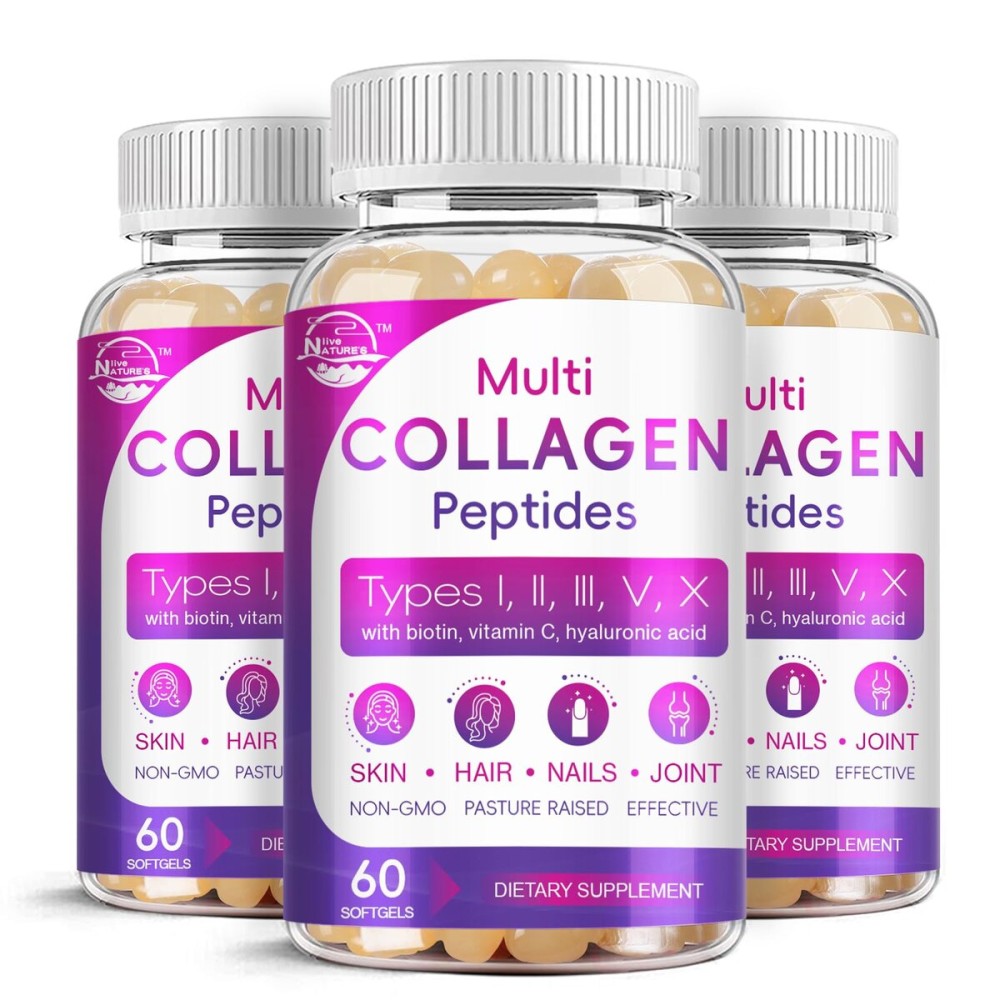 Multi Collagen Peptides Softgel - Type I, II, III, V, X - Hydrolyzed Collagen Peptides with Biotin, Vitamin C, Hyaluronic Acid, Supports Skin Hair Nail, Grass-Fed, Non-GMO, 60 Softgel, 3 Pack