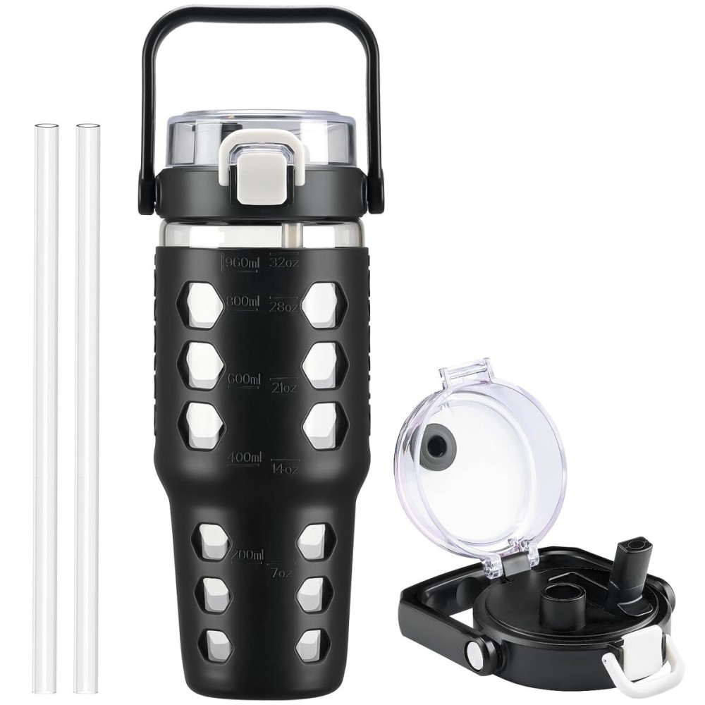 MUKOKO 32 oz Glass Tumbler with Straw,Glass Water Bottles with Time Marker,Iced Coffee Cup with Silicone Sleeve,Motivational Drinking Bottles,Leakproof-Black