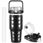 MUKOKO 32 oz Glass Tumbler with Straw,Glass Water Bottles with Time Marker,Iced Coffee Cup with Silicone Sleeve,Motivational Drinking Bottles,Leakproof-Black