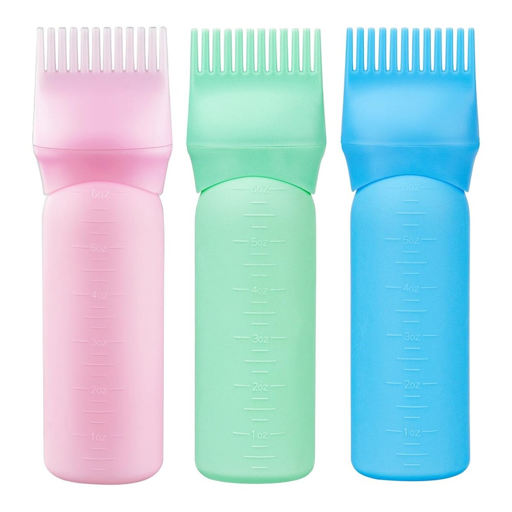 Cosywell 3 Pack Root Comb Applicator Bottle 6 Ounce Hair Oil Bottle Hair Dye Applicator Brush for Hair Root Comb Color with Graduated Scale(Pink Blue Green)