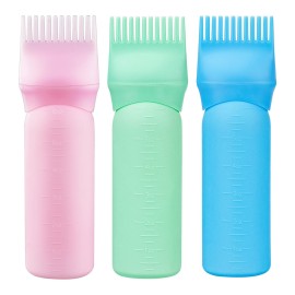 Cosywell 3 Pack Root Comb Applicator Bottle 6 Ounce Hair Oil Bottle Hair Dye Applicator Brush for Hair Root Comb Color with Graduated Scale(Pink Blue Green)
