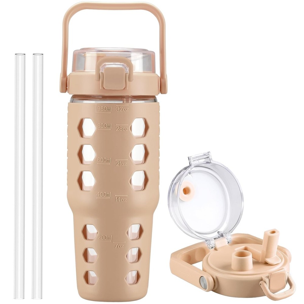 MUKOKO 32 oz Glass Tumbler with Straw,Glass Water Bottles with Time Marker,Iced Coffee Cup with Silicone Sleeve,Motivational Drinking Bottles,Leakproof-Amber