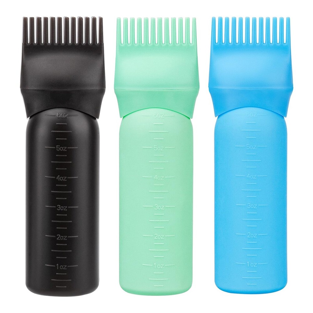 Cosywell 3 Pack Hair Oil Applicator Bottle 6 Ounce Root Comb Applicator Bottle Hair Dye Applicator Brush for Hair Root Comb Color with Graduated Scale(Black Blue Green)