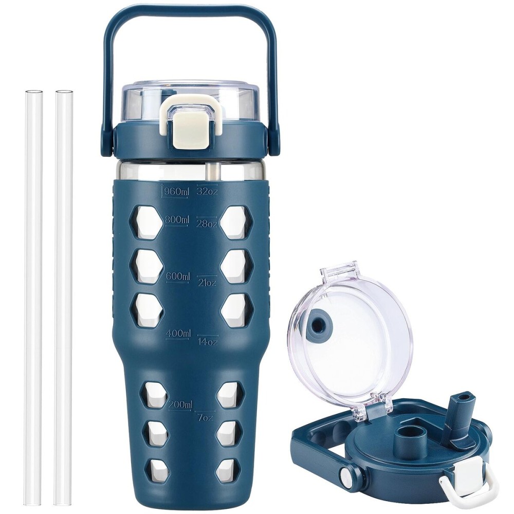 MUKOKO 32 oz Glass Tumbler with Straw,Glass Water Bottles with Time Marker,Iced Coffee Cup with Silicone Sleeve,Motivational Drinking Bottles,Leakproof-Blue