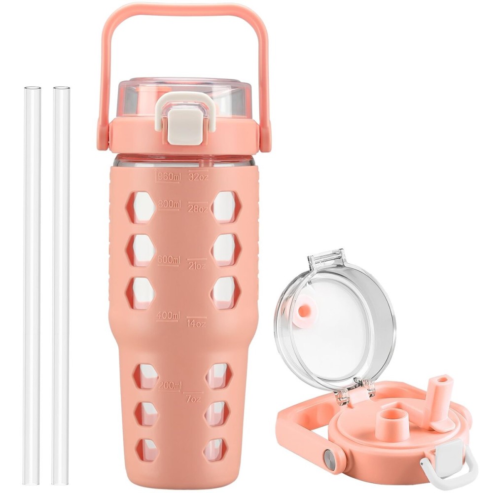 MUKOKO 32 oz Glass Tumbler with Straw,Glass Water Bottles with Time Marker,Iced Coffee Cup with Silicone Sleeve,Motivational Drinking Bottles,Leakproof-Coral Pink