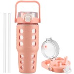 MUKOKO 32 oz Glass Tumbler with Straw,Glass Water Bottles with Time Marker,Iced Coffee Cup with Silicone Sleeve,Motivational Drinking Bottles,Leakproof-Coral Pink