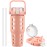 MUKOKO 32 oz Glass Tumbler with Straw,Glass Water Bottles with Time Marker,Iced Coffee Cup with Silicone Sleeve,Motivational Drinking Bottles,Leakproof-Coral Pink
