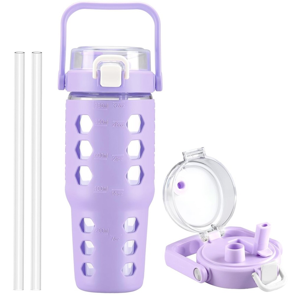 MUKOKO 32 oz Glass Tumbler with Straw,Glass Water Bottles with Time Marker,Iced Coffee Cup with Silicone Sleeve,Motivational Drinking Bottles,Leakproof-Purple