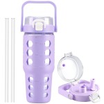 MUKOKO 32 oz Glass Tumbler with Straw,Glass Water Bottles with Time Marker,Iced Coffee Cup with Silicone Sleeve,Motivational Drinking Bottles,Leakproof-Purple