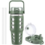 MUKOKO 32 oz Glass Tumbler with Straw,Glass Water Bottles with Time Marker,Iced Coffee Cup with Silicone Sleeve,Motivational Drinking Bottles,Leakproof-Olive