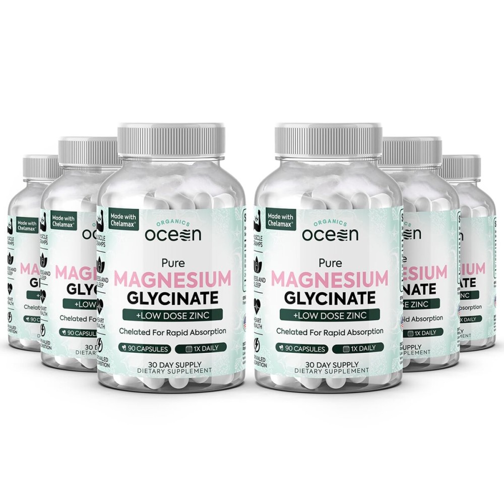 Organics Ocean Pure Magnesium Glycinate with Zinc - Maximum Strength Chelated Magnesium Supplement for Women and Men for Muscle Cramps and Sleep Support - 6 Bottles