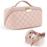 Prite Makeup Bag for Women Travel Waterproof Vegan Leather Cosmetic Bag Open Flat Toiletry Bag With Clear Divider and Handle (Plaid Pink)