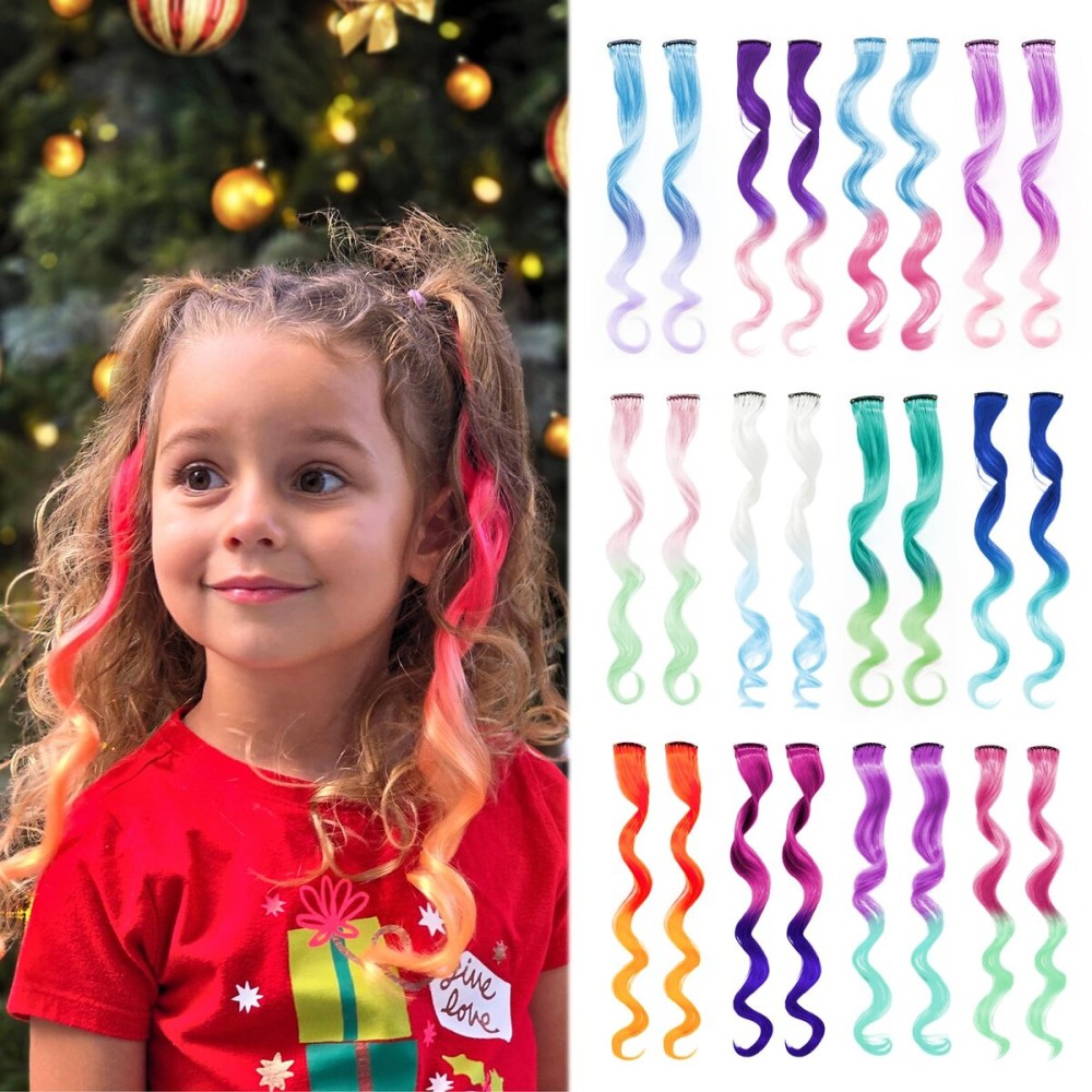 Dreamlover Girls Clip In Rainbow Hair Extensions, Mix Colored Hair Extensions for Kids, Dual-color Curly Hairpieces for Halloween, 24 Pieces