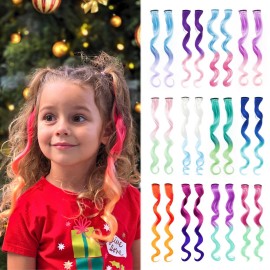 Dreamlover Girls Clip In Rainbow Hair Extensions, Mix Colored Hair Extensions for Kids, Dual-color Curly Hairpieces for Halloween, 24 Pieces
