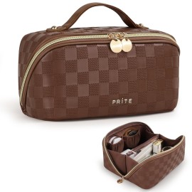Prite Makeup Bag for Women Travel Waterproof Vegan Leather Cosmetic Bag Open Flat Toiletry Bag With Clear Divider and Handle (Plaid Brown)