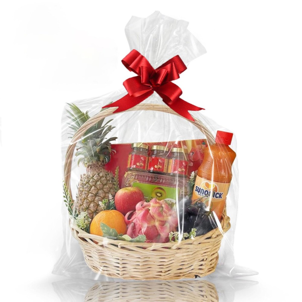 WIKDAY Clear Gift Bags 5 PCS 24x30 Inches Large Cellophane Wrap for Gift Baskets Wrapping Plastic with Ties for Gift Giving, Packaging Products