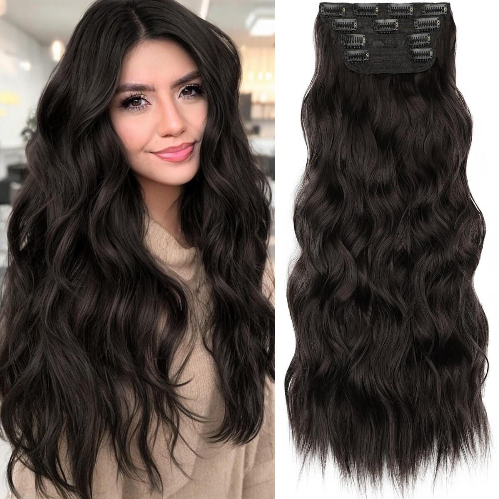 KooKaStyle Clip in Synthetic Hair Extensions Long Wavy 4PCS Thick Hairpieces Dark Brown 6 Fiber Double Weft Natural Hair Extensions 24 Inch for Women
