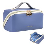 Prite Makeup Bag for Women Travel Waterproof Vegan Leather Cosmetic Bag Open Flat Toiletry Bag With Clear Divider and Handle (Blue)