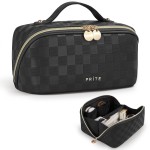 Prite Makeup Bag for Women Travel Waterproof Vegan Leather Cosmetic Bag Open Flat Toiletry Bag With Clear Divider and Handle (Plaid Black)