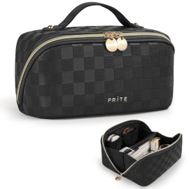 Prite Makeup Bag for Women Travel Waterproof Vegan Leather Cosmetic Bag Open Flat Toiletry Bag With Clear Divider and Handle (Plaid Black)