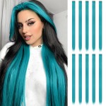 FESHFEN Colored Clip in Hair Extensions - 10 PCS Teal Highlighted Hair Piece Straight Synthetic Clip in Hairpieces for Women 22 inch