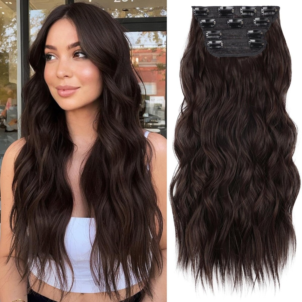 KooKaStyle Clip in Synthetic Hair Extensions Long Wavy 4PCS Thick Hairpieces Chocolate Brown 33Y Fiber Double Weft Natural Hair Extensions 20 Inch for Women