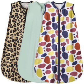 BSTOPPT 3 Pack Baby Sleep Sack 100% Rayon Cotton Baby Sleeping Bag 2-Way Zipper Toddler Wearable Blankets TOG 0.3. (Leopard&Cobble&Green, 12-18 Months)