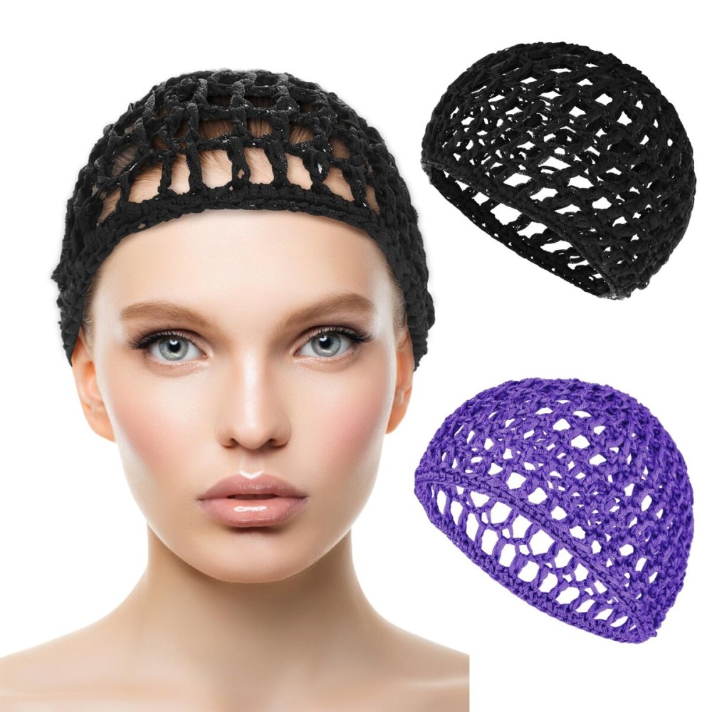 WLLHYF Hair Net Wrap For Sleep 2 PCS Mesh Nets Cap Snoods Cover Sleeping Knit Hairnets Elastic Head Wrap Bathing Shower Caps Wig Hairnet Crochet Sew Weave Press Weaving Braided Bonnet(Black/Purple)
