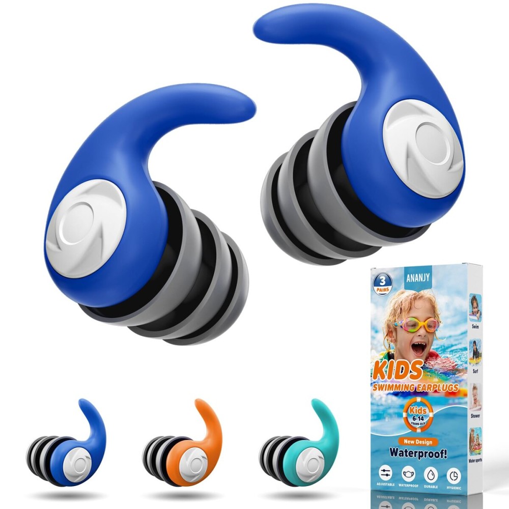 Waterproof Swimming Ear Plugs for Kids - 3 Pairs of Reusable Soft Silicone Swim Earplugs,Ear Protection for Children (4-12 Years Old) - Ideal for Surfing, Diving, Pool, Showering, and Water Sports