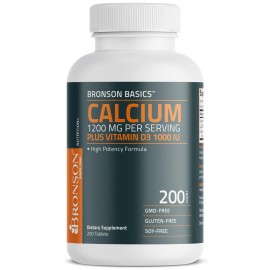 Bronson Calcium 1200mg Per Serving Plus Vitamin D3 1000 IU High Potency Formula, Non-GMO, 200 Tablets