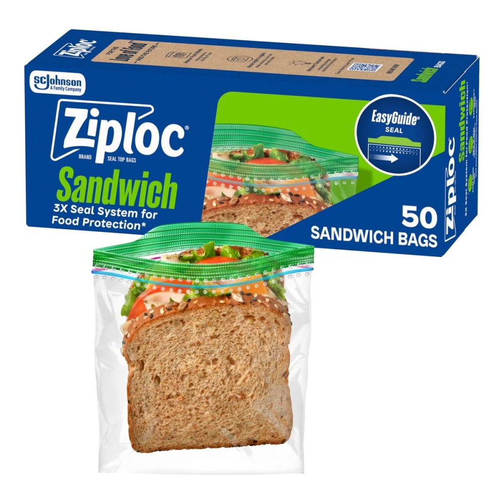 Ziploc Sandwich and Snack Bags, Easy Open and Close, Plastic Food Storage Bags, 50 Bags Total (Packaging May Vary)