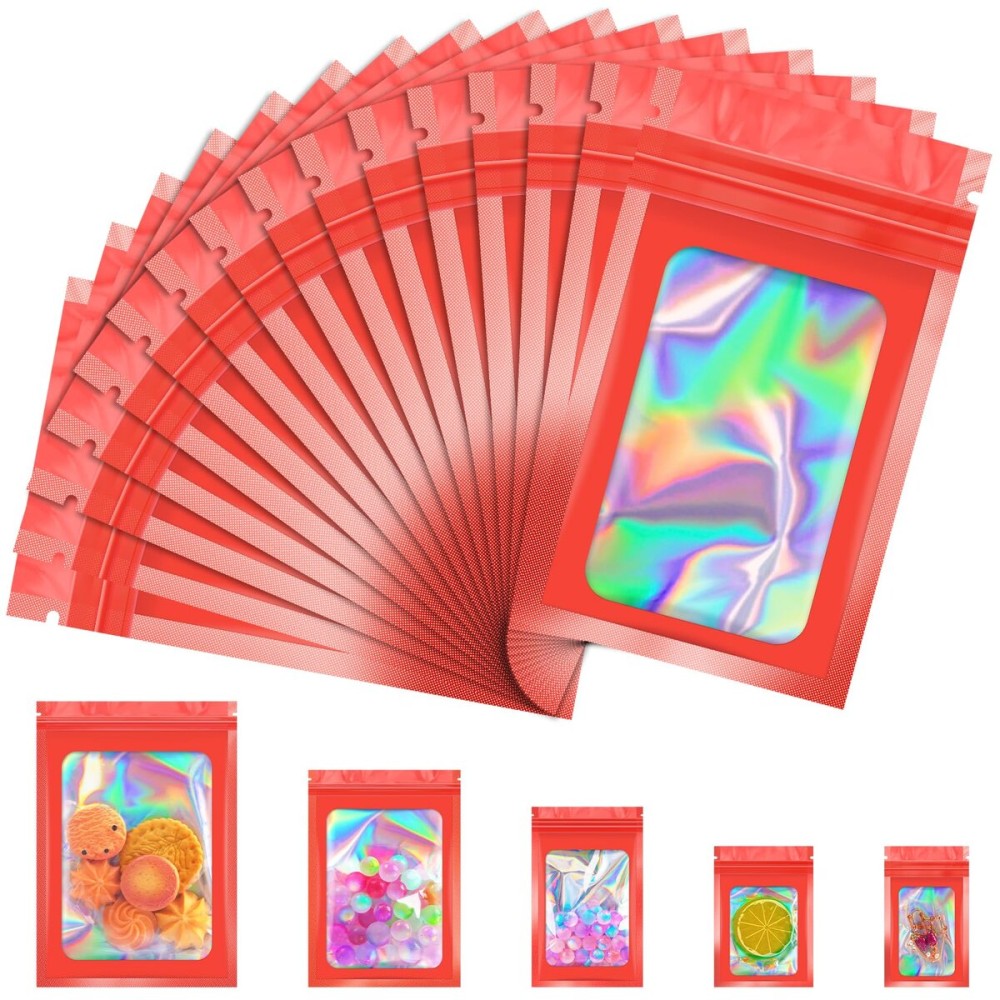 JETMORE 100 Pcs Mylar Bags, Smell Proof Bags Foil Pouch, Holographic Resealable Bags for Small Business, Candy Sample Jewelry Bag Sealable Packaging for Party Favor Food Storage (2.4x3.9in-Red)