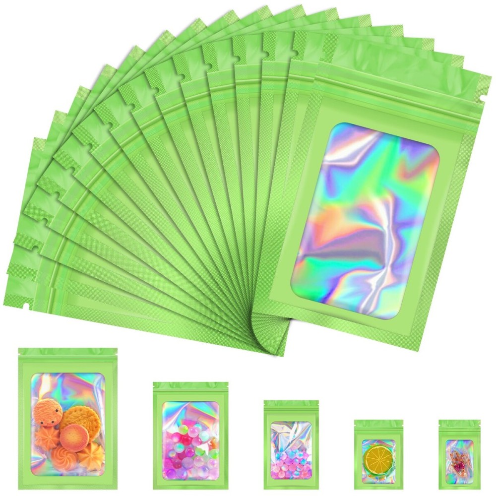 JETMORE 100 Pcs Mylar Bags, Smell Proof Bags Foil Pouch, Holographic Resealable Bags for Small Business, Candy Sample Jewelry Bag Sealable Packaging for Party Favor Food Storage (3x5in-Green)
