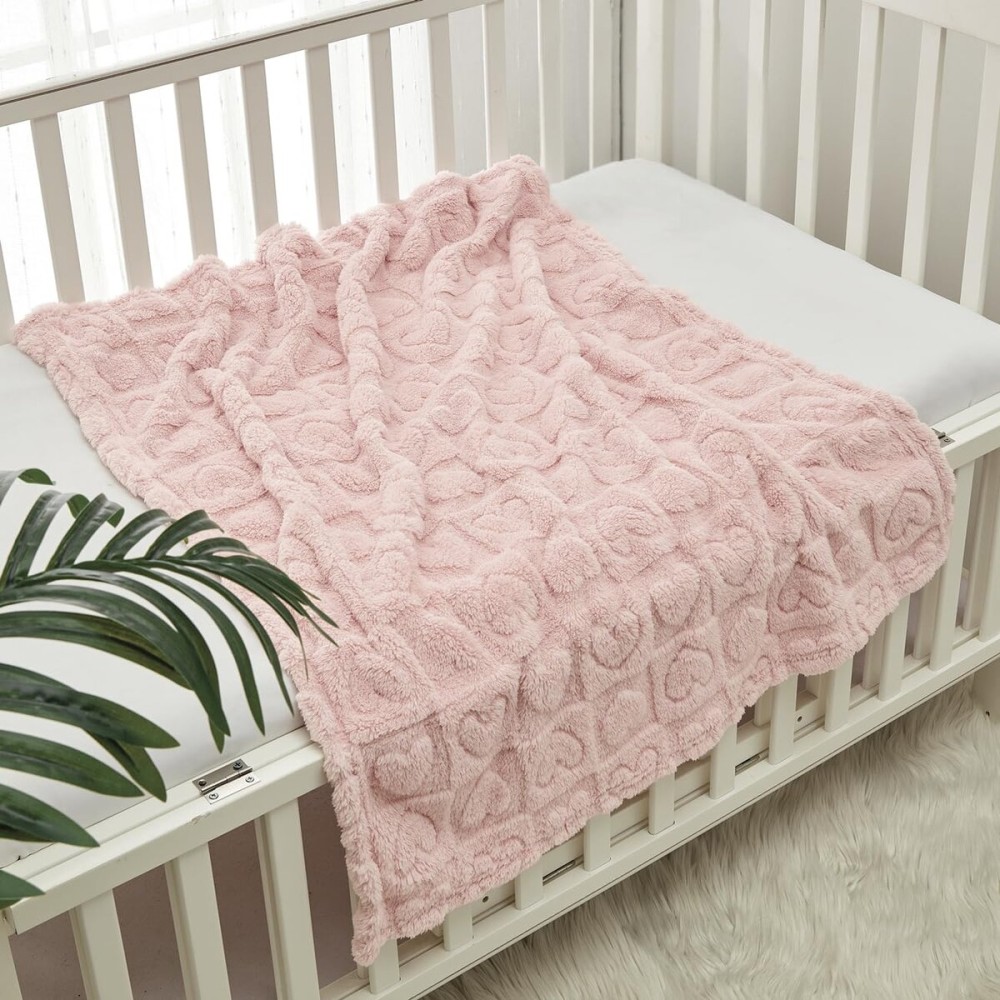 CREVENT 30X40 Cozy Soft Warm Sherpa Baby Blanket for Girls Boys, Newborn Essentials for Infant, Baby Shower Receiving Gift - Pink Heart 75X100cm