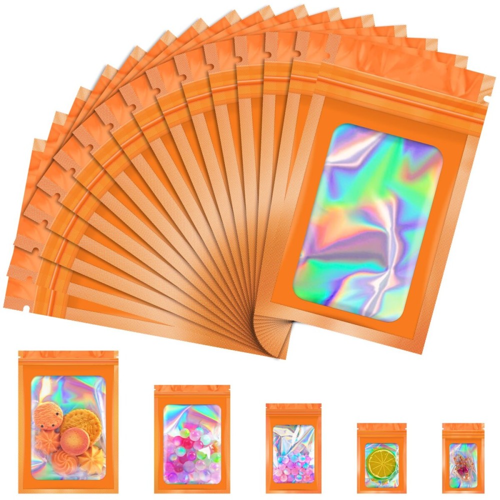JETMORE 100 Pcs Mylar Bags, Smell Proof Bags Foil Pouch, Holographic Resealable Bags for Small Business, Candy Sample Jewelry Bag Sealable Packaging for Party Favor Food Storage (5.5x7.9in-Orange)