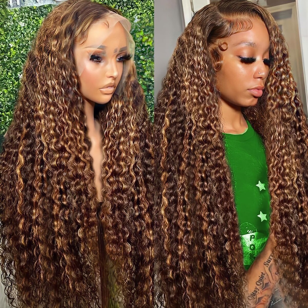 LAINSS 30inch 13x6 Highlight Ombre Deep Wave Lace Front Wigs Human Hair Pre Plucked 210% Density P4/27 Highlight Curly HD Transparent Lace Frontal Wigs with Baby Hair Wet and Wavy Human Hair Wig