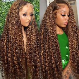 LAINSS 30inch 13x6 Highlight Ombre Deep Wave Lace Front Wigs Human Hair Pre Plucked 210% Density P4/27 Highlight Curly HD Transparent Lace Frontal Wigs with Baby Hair Wet and Wavy Human Hair Wig