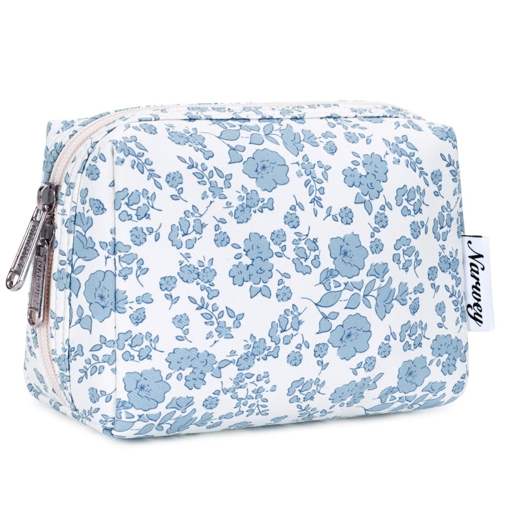 Narwey Small Cute Floral Makeup Bag for Purse Mini Cosmetic Bag Travel Makeup Pouch Zipper Pouch Cute Make up Bags with Compartments for Women Girls (Little Blue Flower, Small)