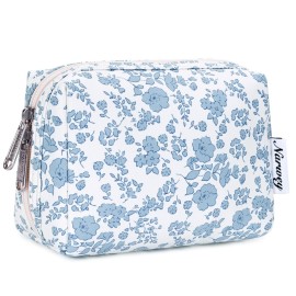 Narwey Small Cute Floral Makeup Bag for Purse Mini Cosmetic Bag Travel Makeup Pouch Zipper Pouch Cute Make up Bags with Compartments for Women Girls (Little Blue Flower, Small)