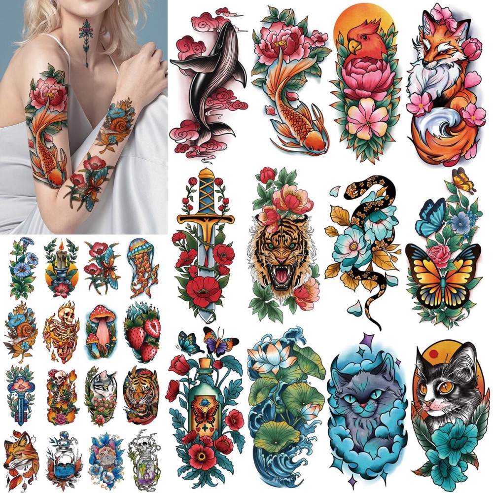77 Sheets Temporary Tattoo for Women Men, 17 Sheets Half Arm Skull Fox Tiger Cat Parrot Snake Fake Tattoos, 60 Sheets Vintage Traditional Tiny for Adult Kids Body Tattoos Stickers Waterproof Realistic
