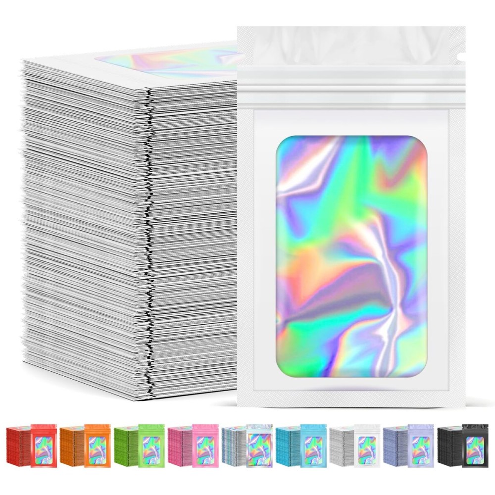 JETMORE 300 Pcs Mylar Bags, Smell Proof Bags Foil Pouch, Holographic Resealable Bags for Small Business, Candy Sample Jewelry Bag Sealable Packaging for Party Favor Food Storage (2.4x3.9in-White)